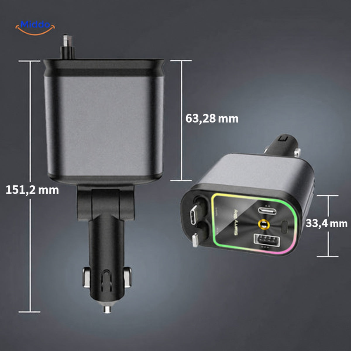 chargeur voiture 120W dimensions précises et mesures du produit en détail