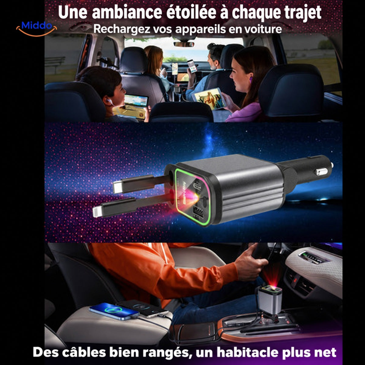 chargeur voiture 120W branché dans l'habitacle avec éclairage ambiance unique allumé