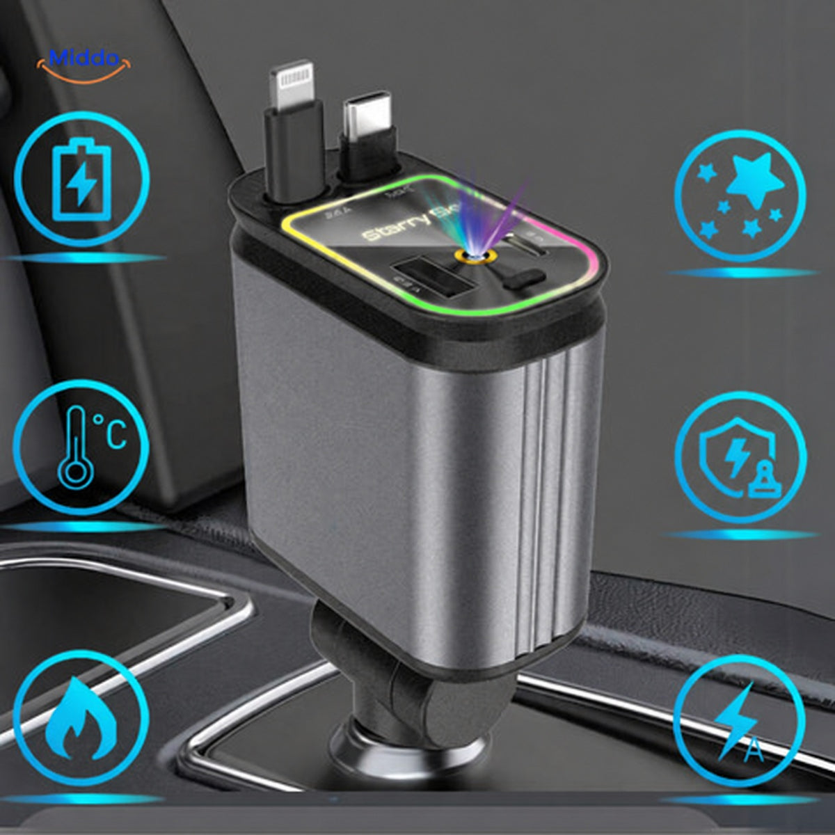 chargeur voiture 120W station de charge avec effets lumineux technologiques et design futuriste
