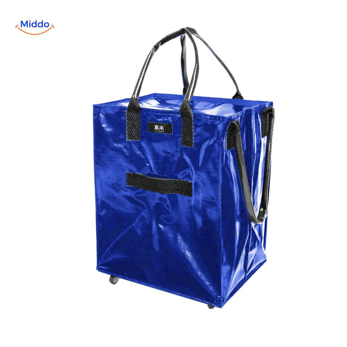 chariot de courses bleu a roulettes, pratique pour le linge et les achats du quotidien
