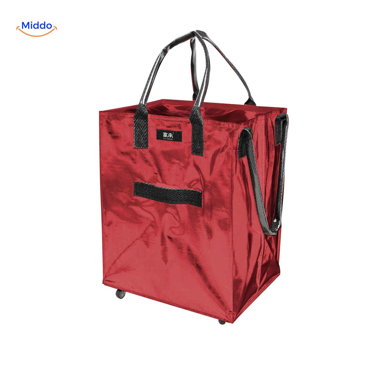 chariot de courses rouge leger avec poignees et roulettes, facile a transporter partout