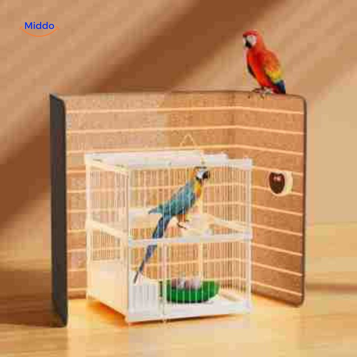 coussin chauffant pour jambes utilisé près d'une cage à oiseaux, ambiance intérieure cosy