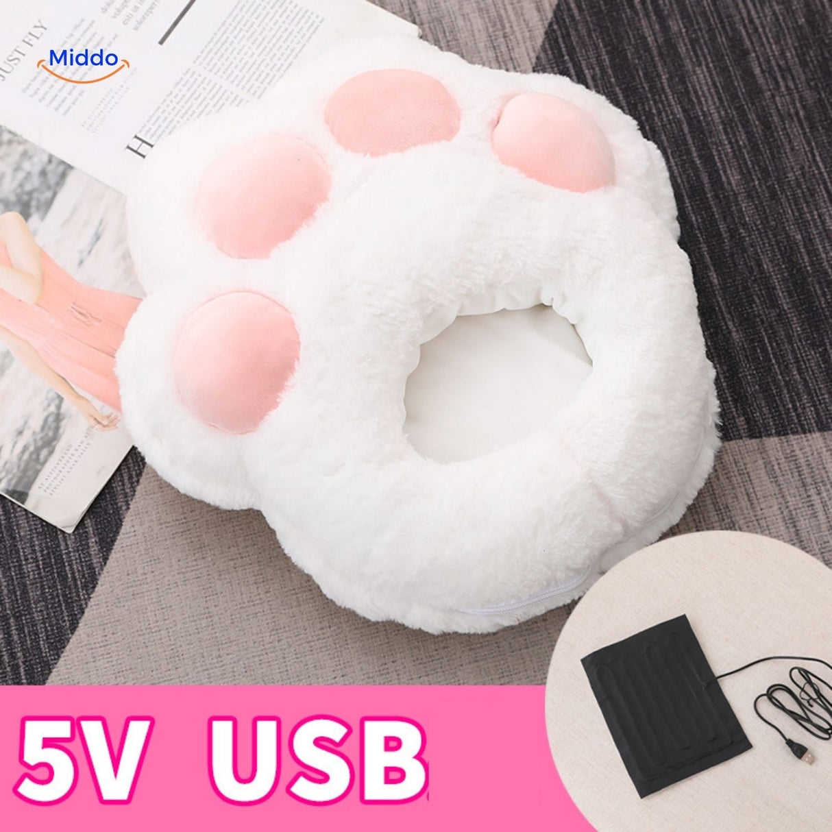 chauffe-pieds blanc avec petites pattes roses pour un design kawaii et confortable