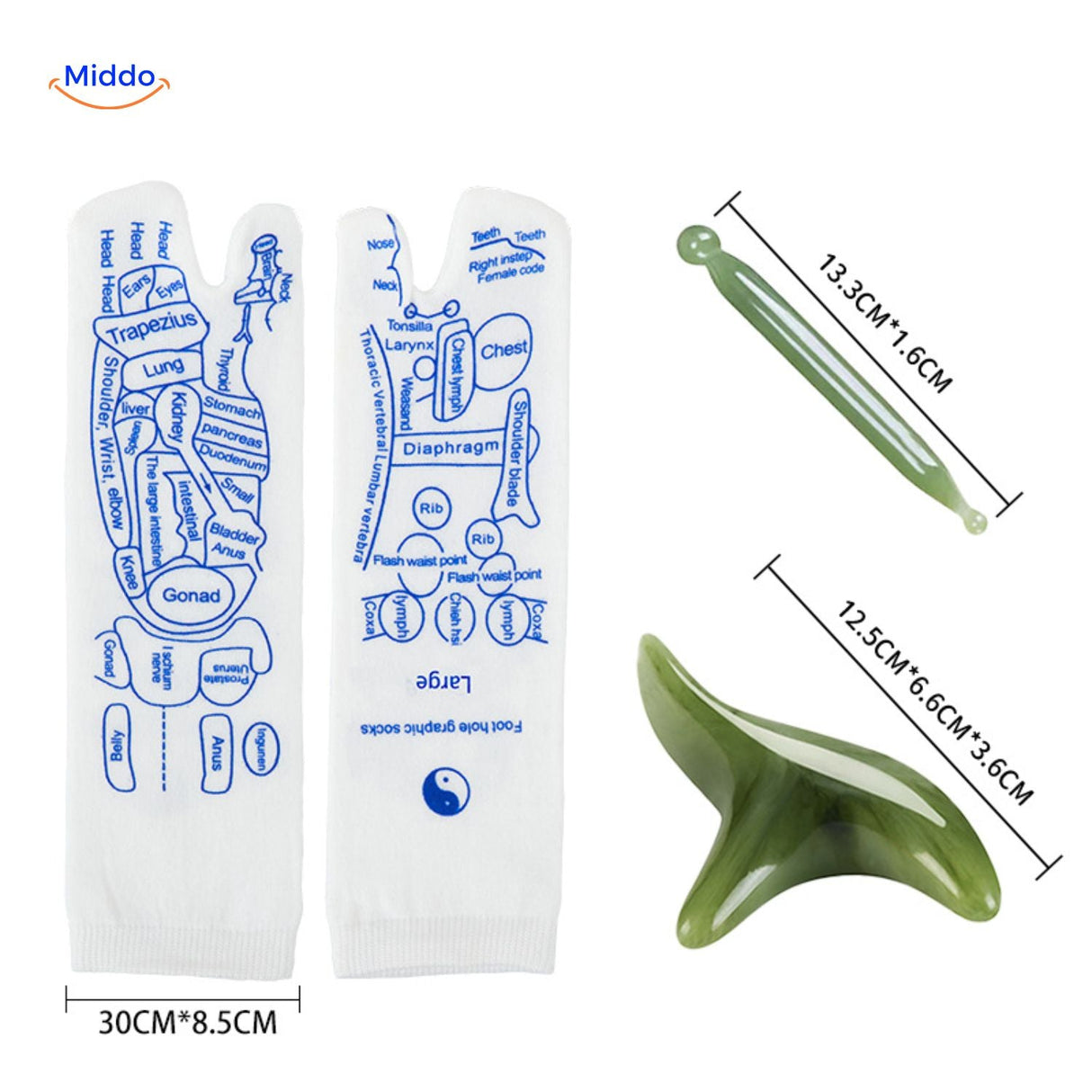 chaussettes therapeutiques avec outils de massage et guide des tailles