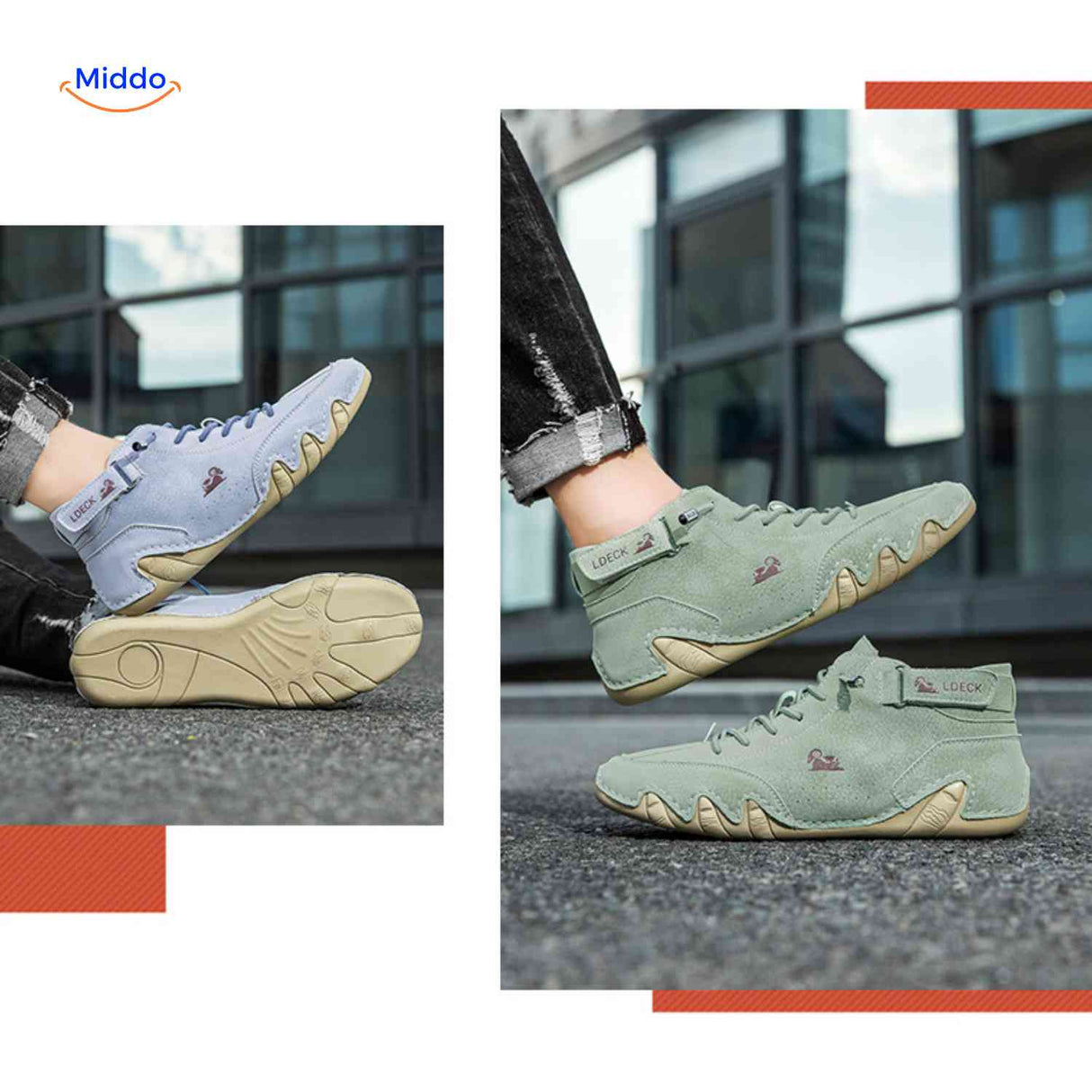 chaussures barefoot bleu et vert en cuir au style aventure outdoor, semelle flexible confort