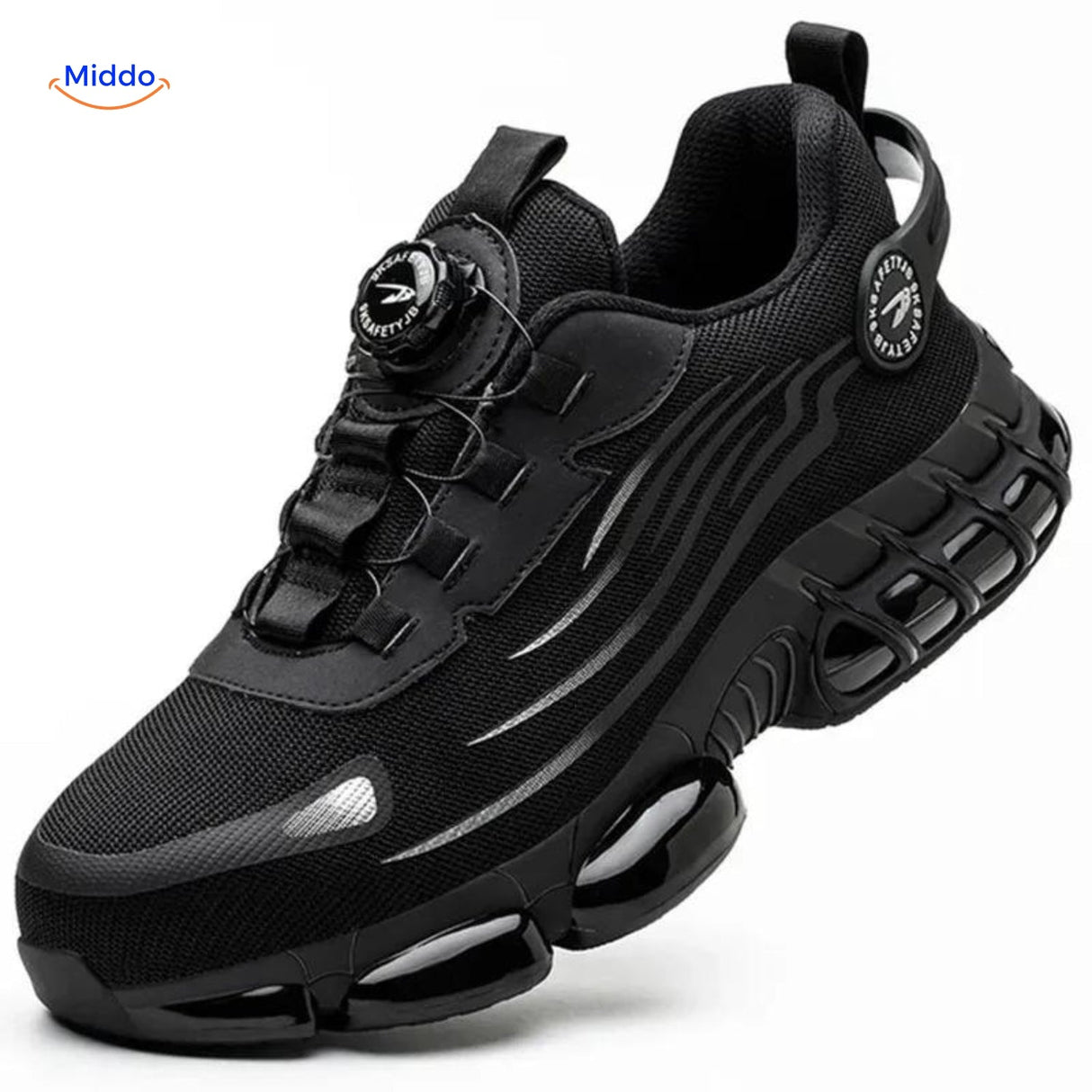 chaussures de sécurité securefit coloris noir, vue d'ensemble du modèle avec molette de serrage