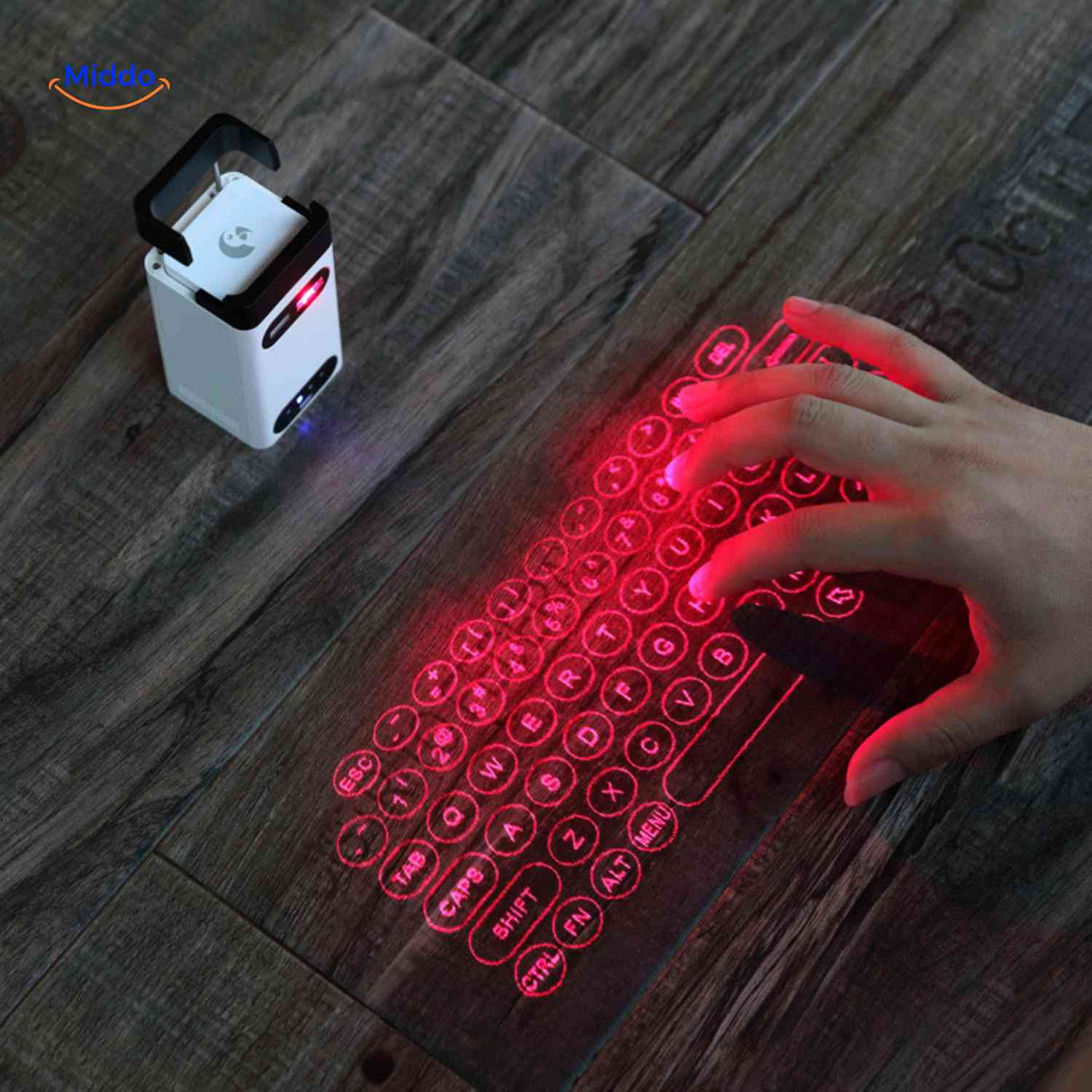 clavier laser bluetooth projete sur table avec utilisation des mains