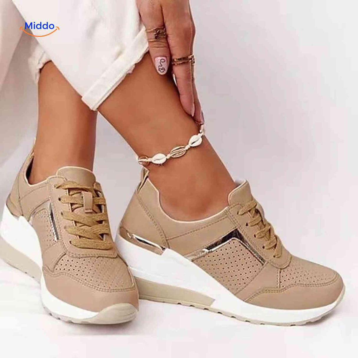Baskets femme Stridez à semelle rehaussée en mesh, beige, gros plan, vue 7