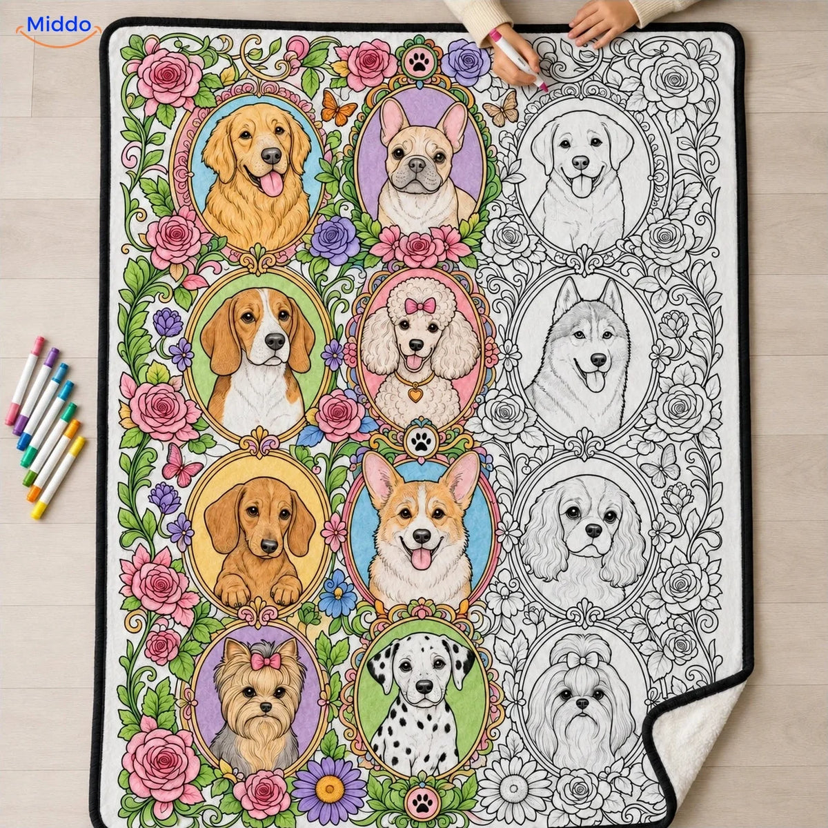 Couverture à colorier ColorFlow - Portraits de chiens avec des fleurs