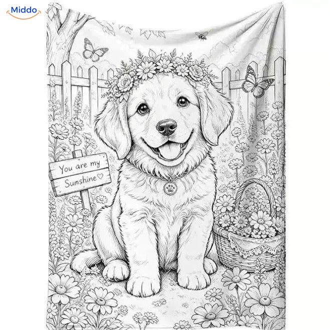 Couverture à colorier ColorFlow - Chiot avec des fleurs
