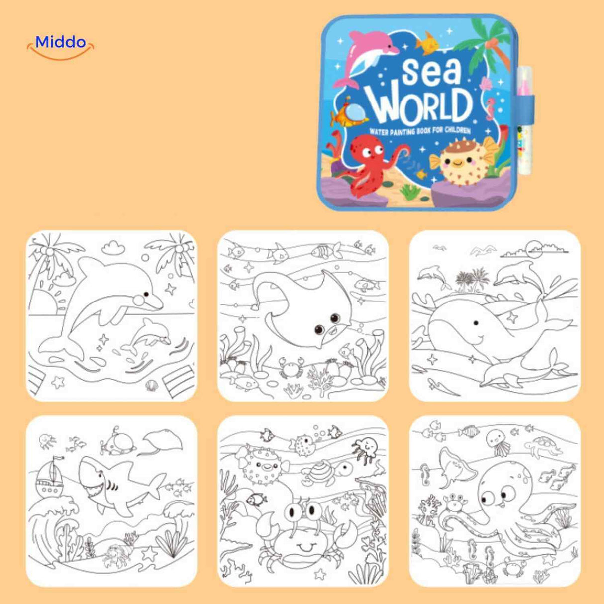 livre aquadoodle monde marin avec animaux de la mer a colorier a l'eau, ideal pour enfants
