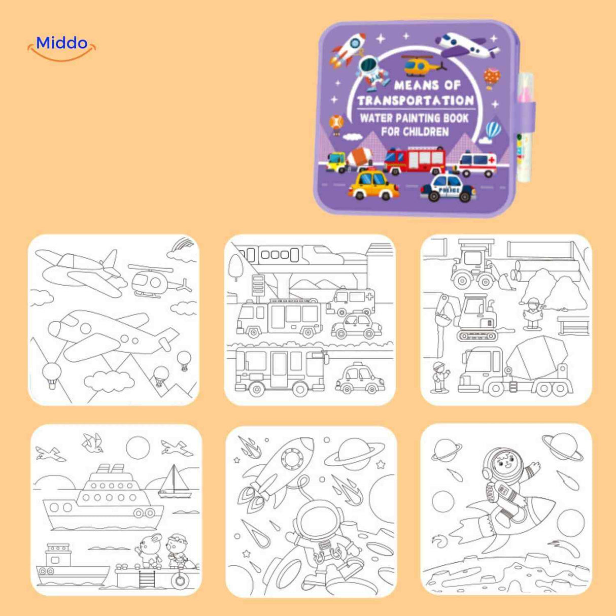 cahier de coloriage a l'eau theme transport : avion, voiture et engins spatiaux pour enfants