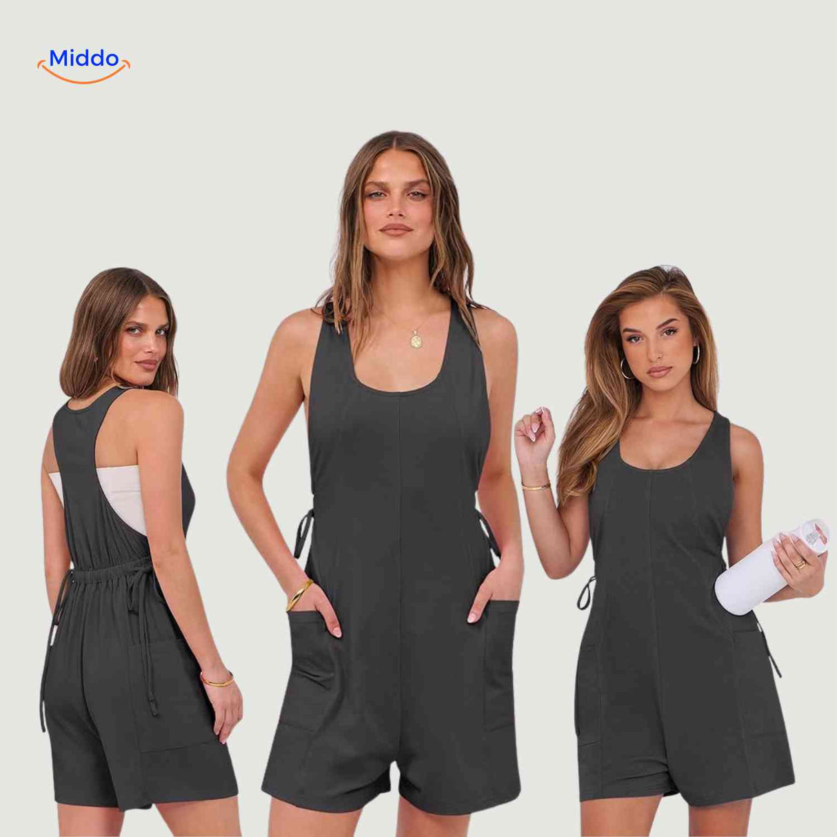 combinaison grise casual avec cordon à la taille et poches de rangement pratiques