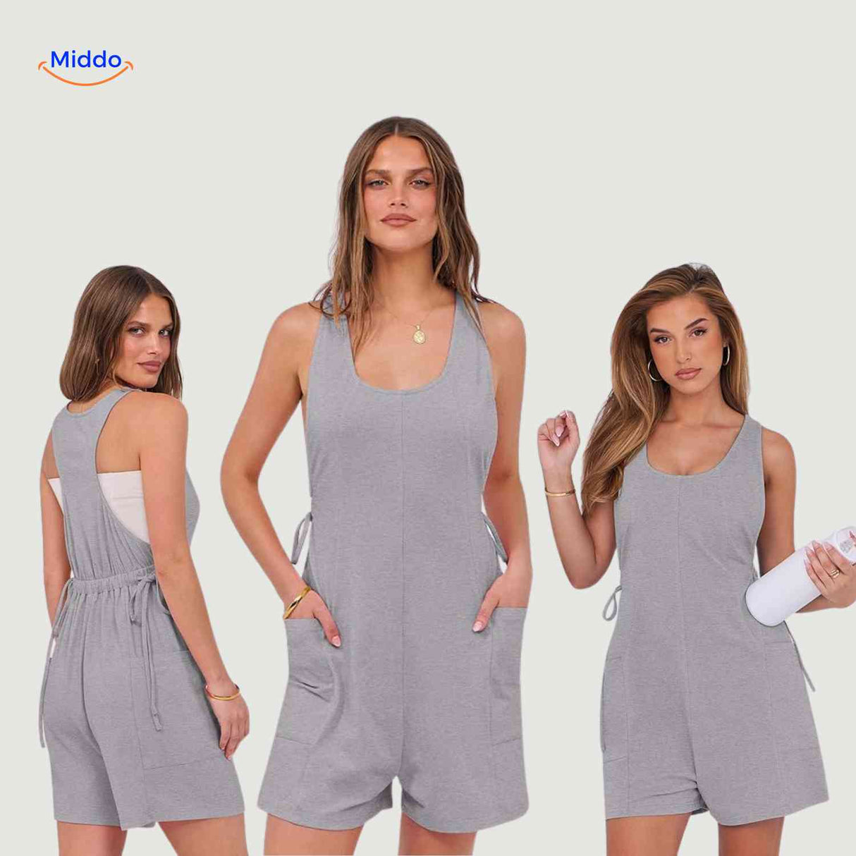 combinaison rose portée par trois mannequins, avec cordon à la taille et poches