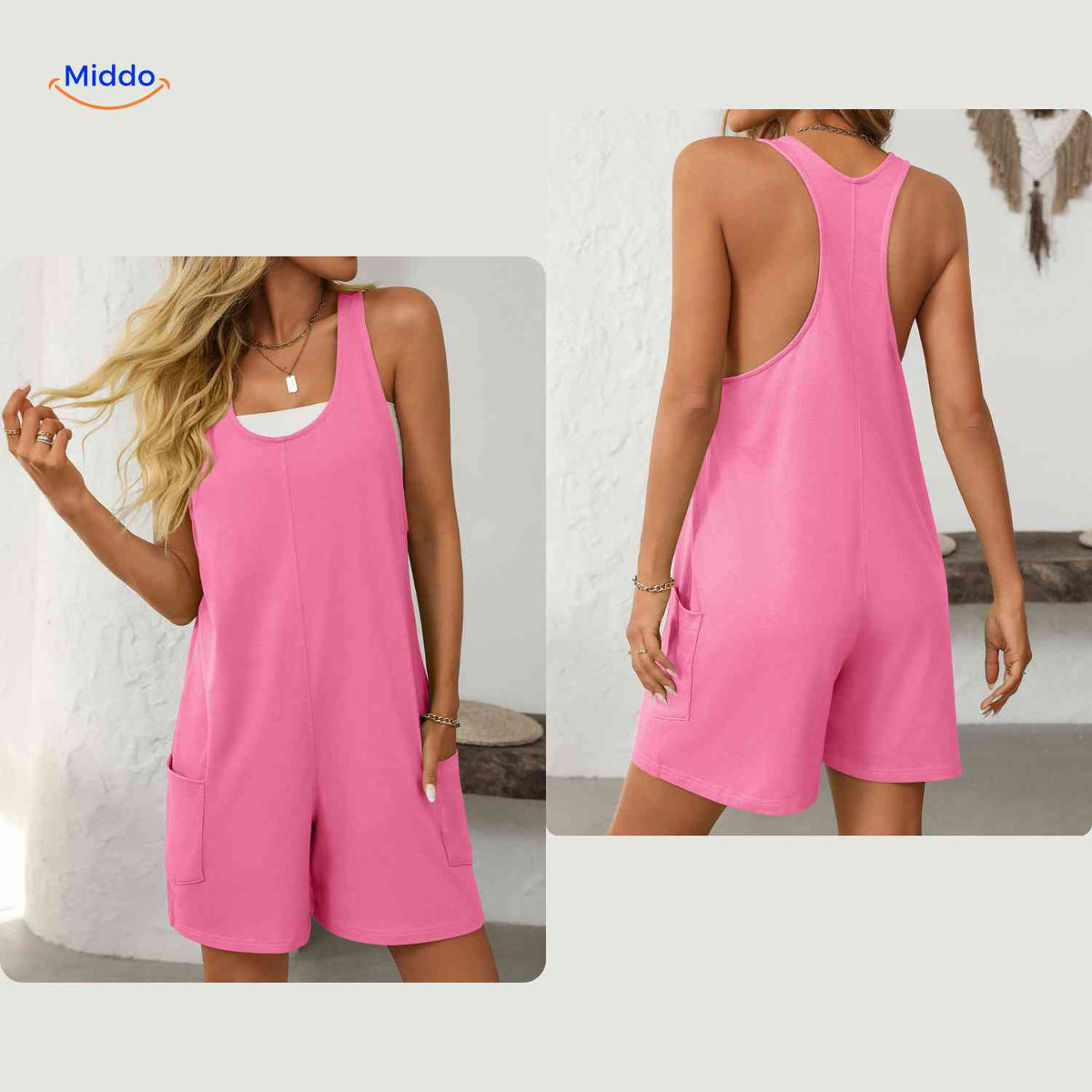 combinaison femme rose vue de face et de dos, style romper d'été élégant