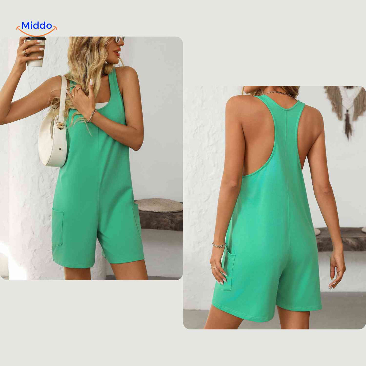 combinaison verte portée avec un top blanc, look estival décontracté et enjoué