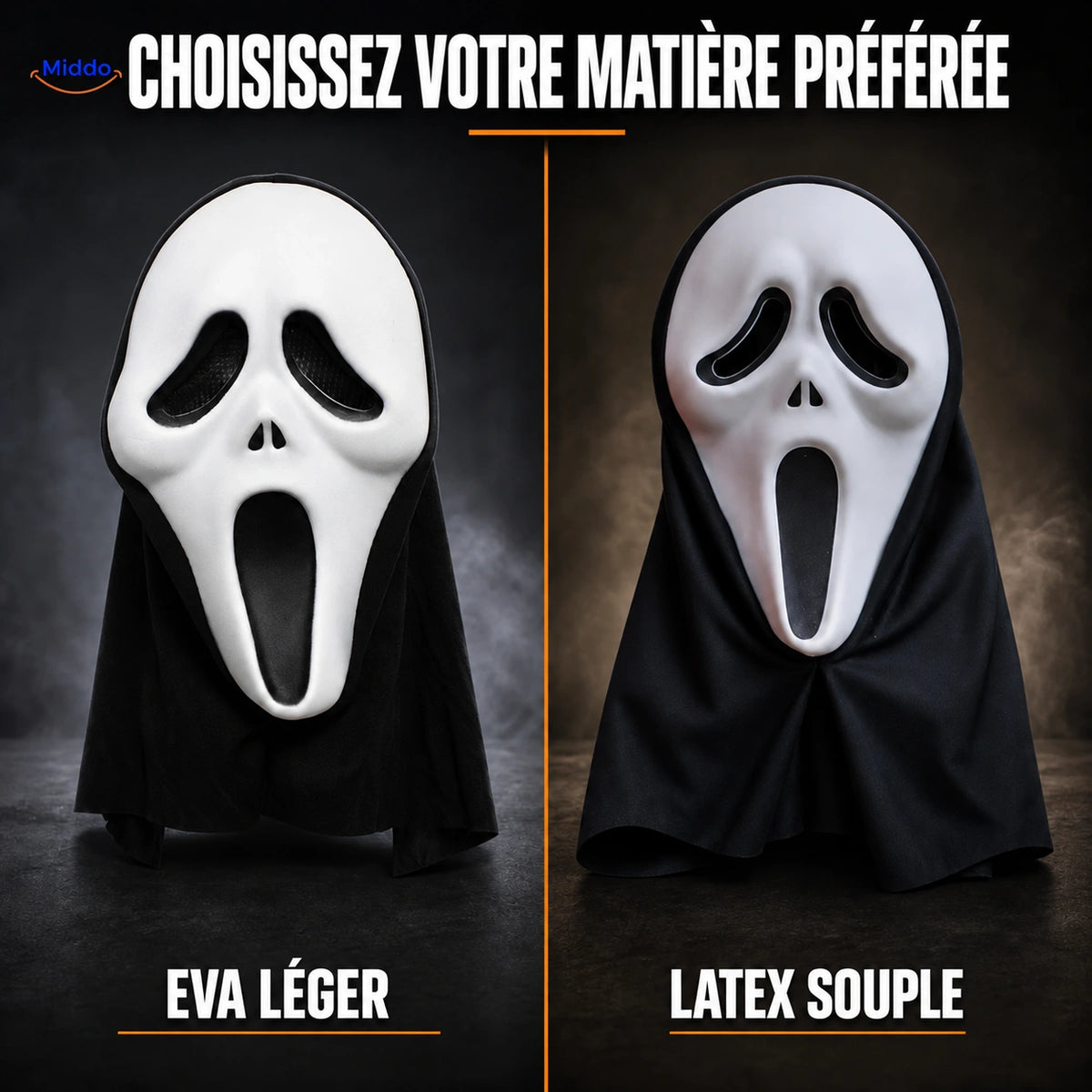 Comparaison du masque Skullora blanc en EVA et de la version en latex souple.