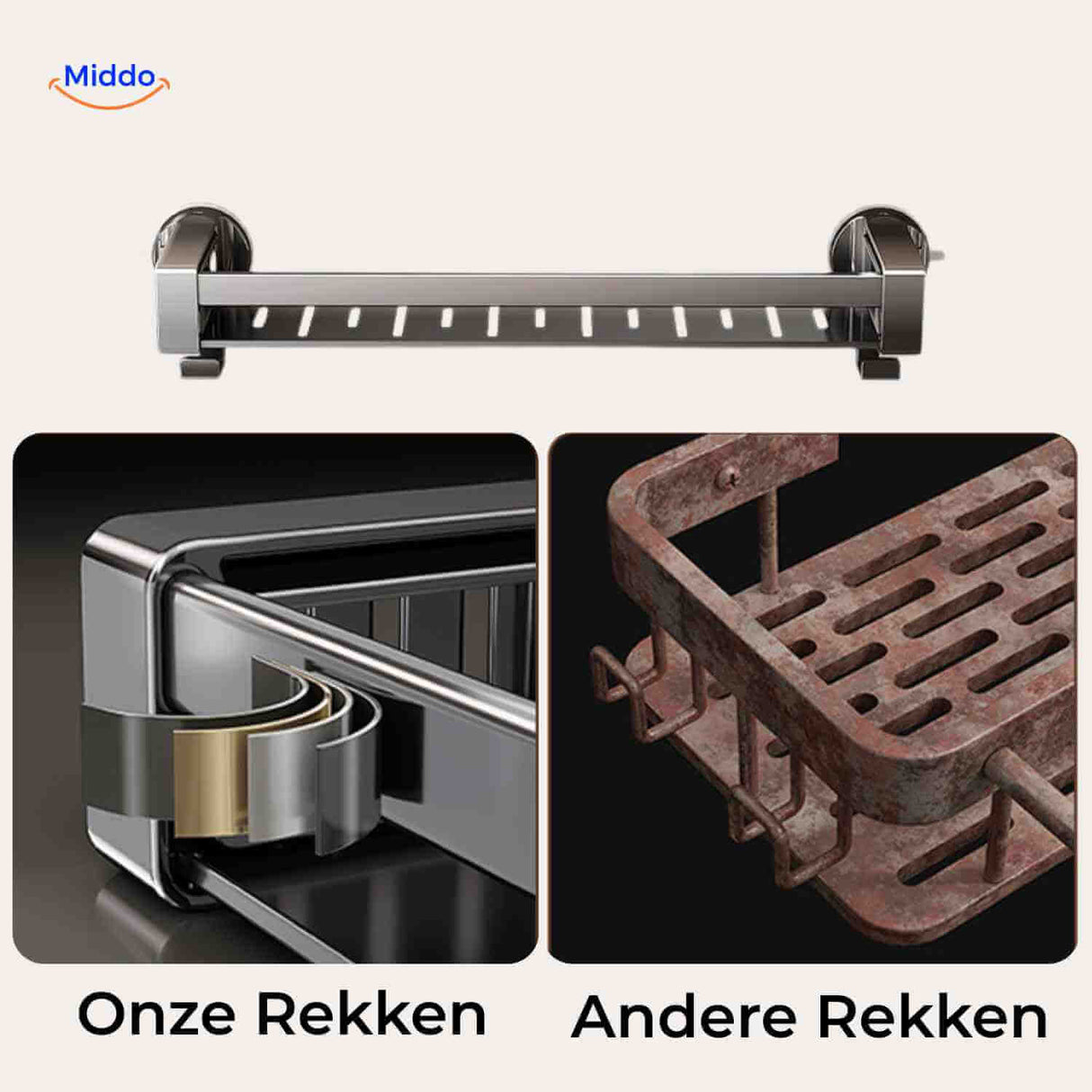 comparatif entre étagère inox inoxydable et modèle rouillé pour illustrer la durabilité