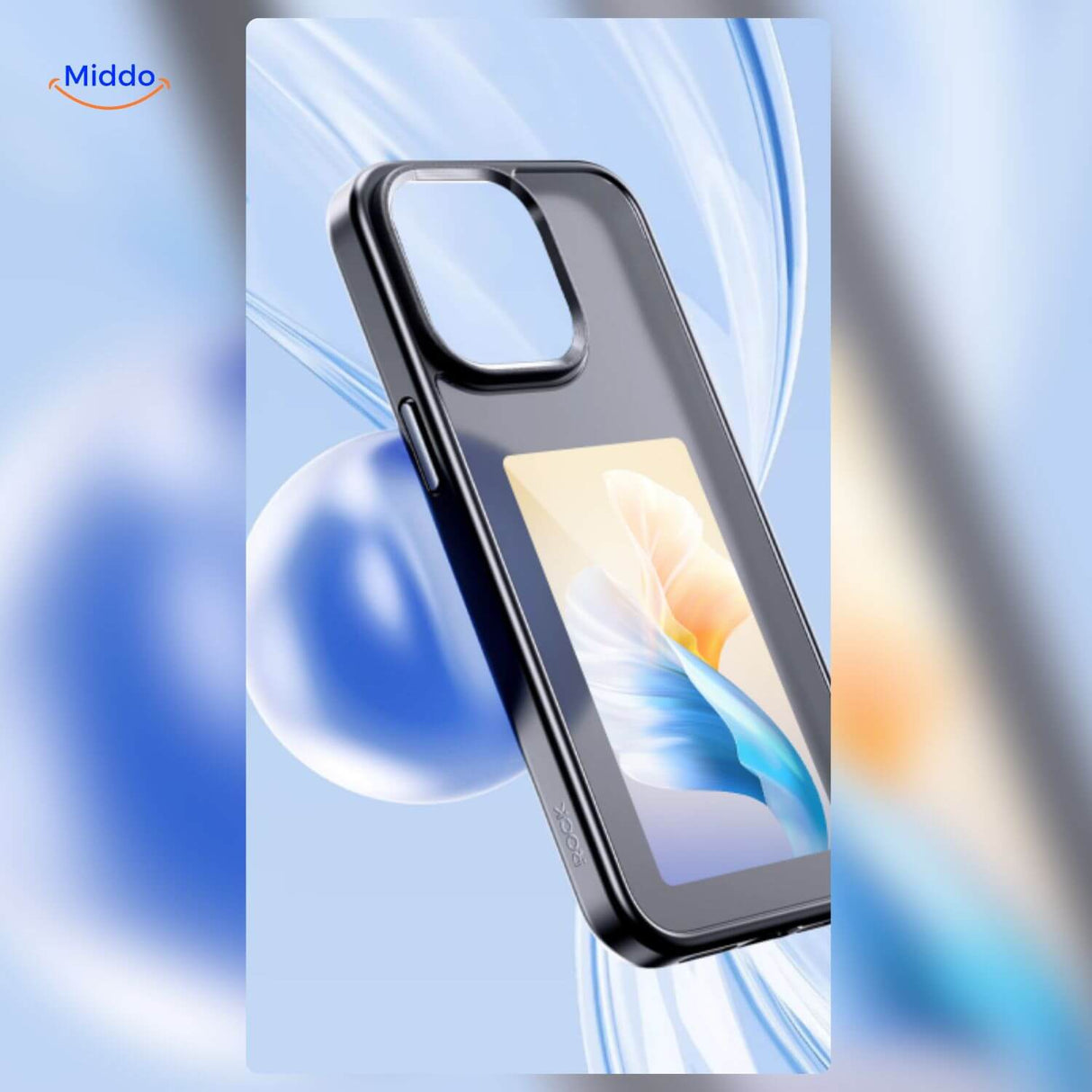 coque iphone e-ink nfc noire avec design abstrait sur fond transparent affiché sur l'écran