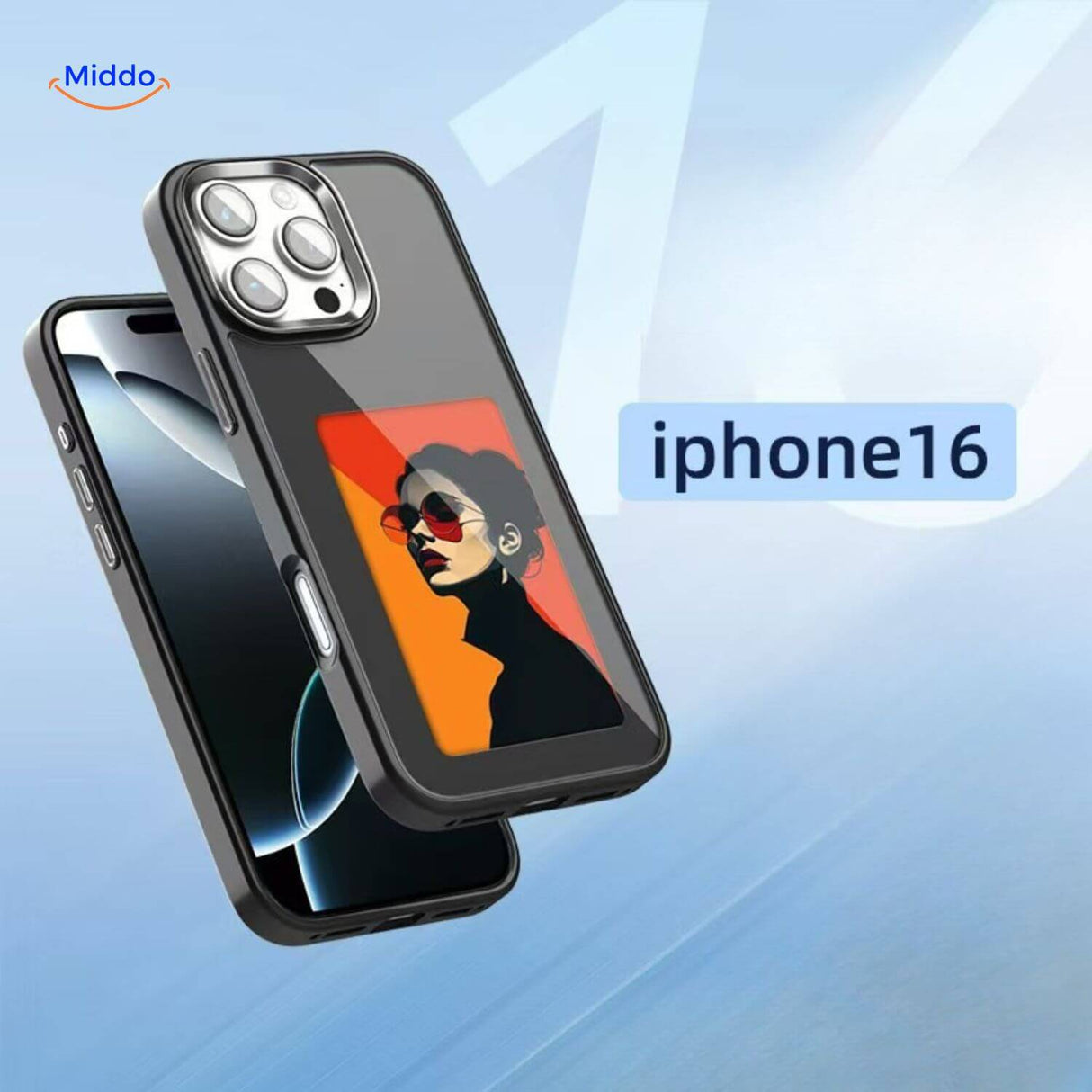 coque iphone e-ink nfc noire affichant une photo de femme au style élégant et soigné