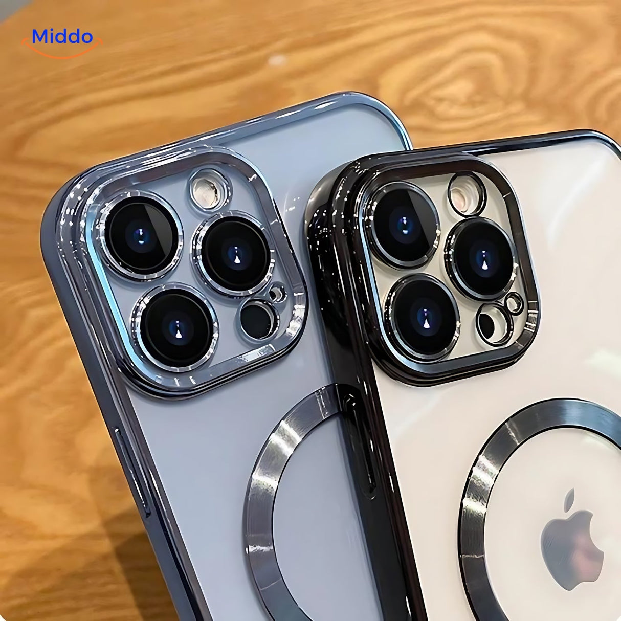 gros plan de deux coques iphone avec grip et protection complète de la caméra