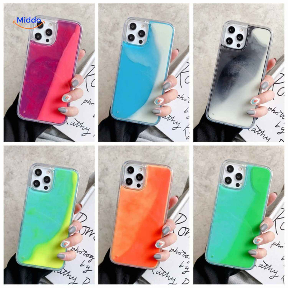 aperçu de six coloris de coques téléphone sable liquide aux designs fluides