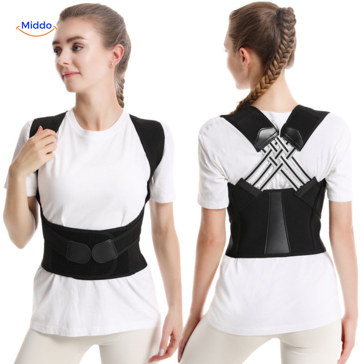 correcteur de posture dorsal vu de face et de dos, design ajustable