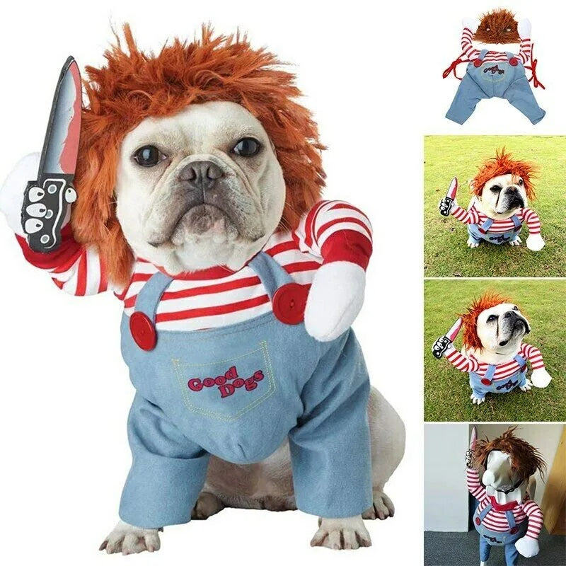 bulldog en costume de poupée effrayante avec cheveux rouges et couteau, plusieurs poses