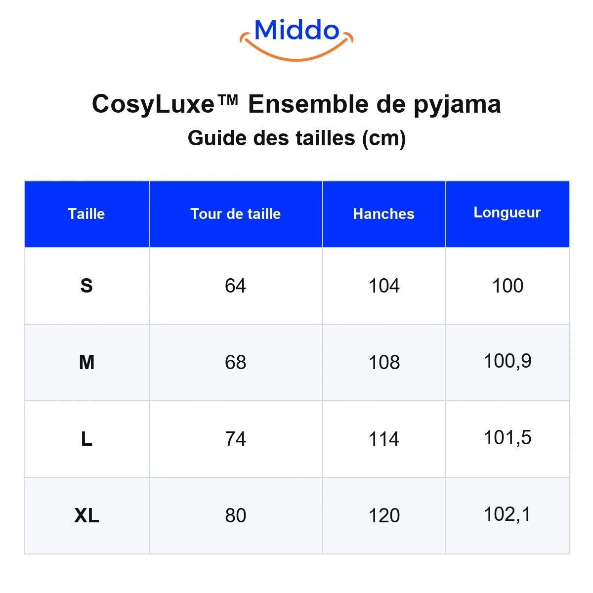 Guide des tailles CosyLuxe en centimètres, du S au XL