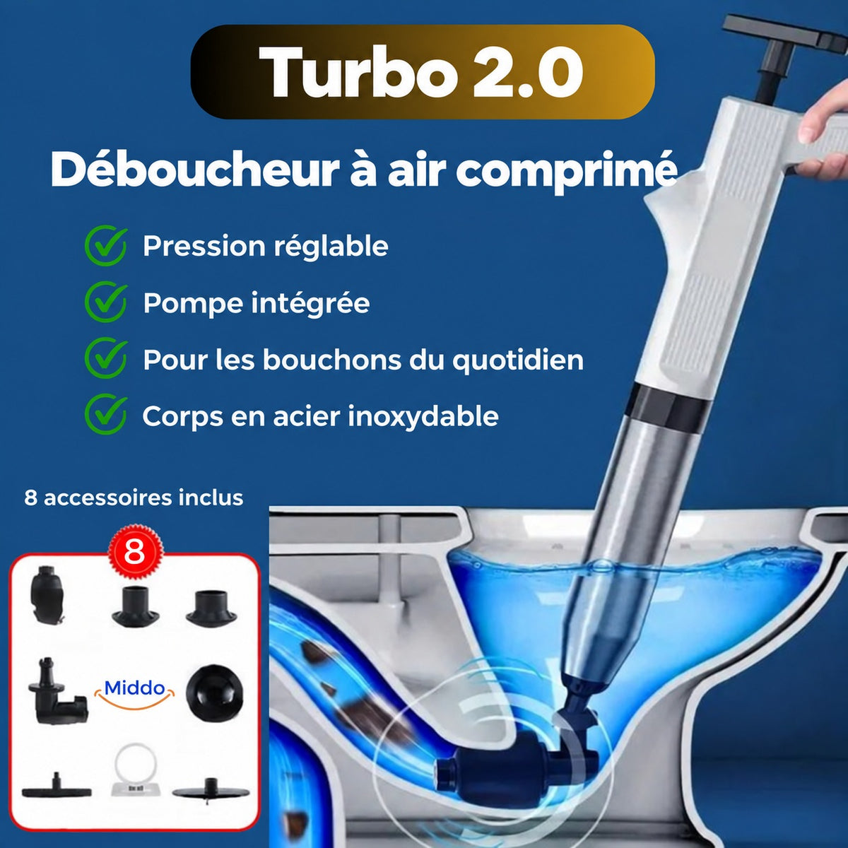 déboucheur à pression d'air turbo 2.0 avec accessoires et spécifications techniques inclus