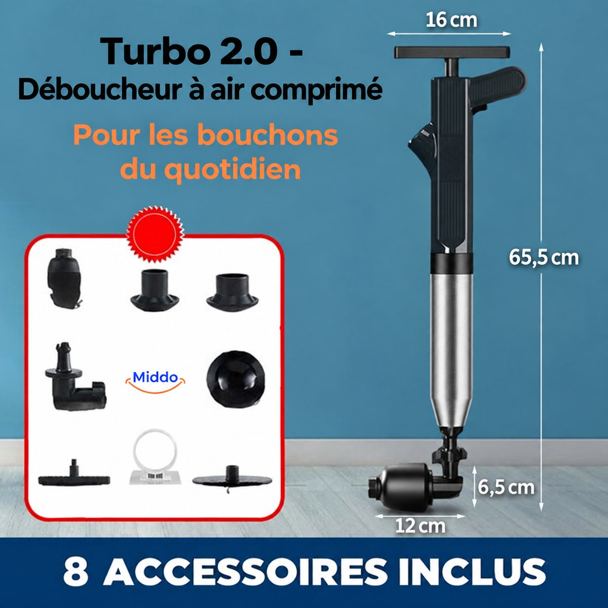 Déboucheur Turbo 2.0 noir avec pompe intégrée : hauteur 65,5 cm et largeur de la poignée 16 cm.