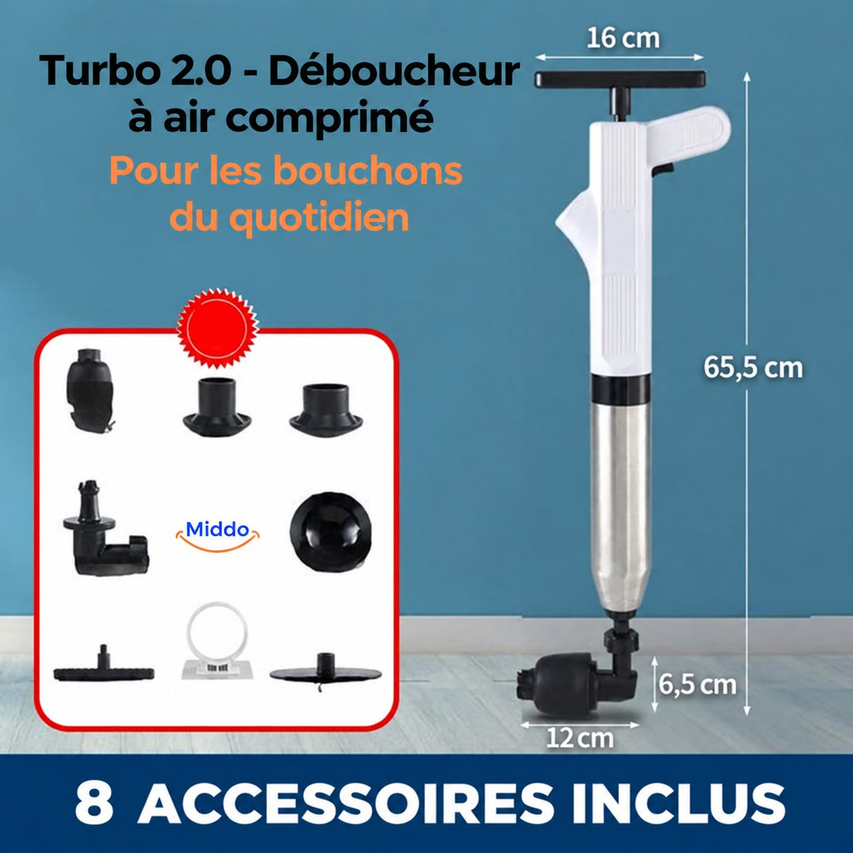 Déboucheur Turbo 2.0 blanc avec pompe intégrée : hauteur 65,5 cm et largeur de la poignée 16 cm.