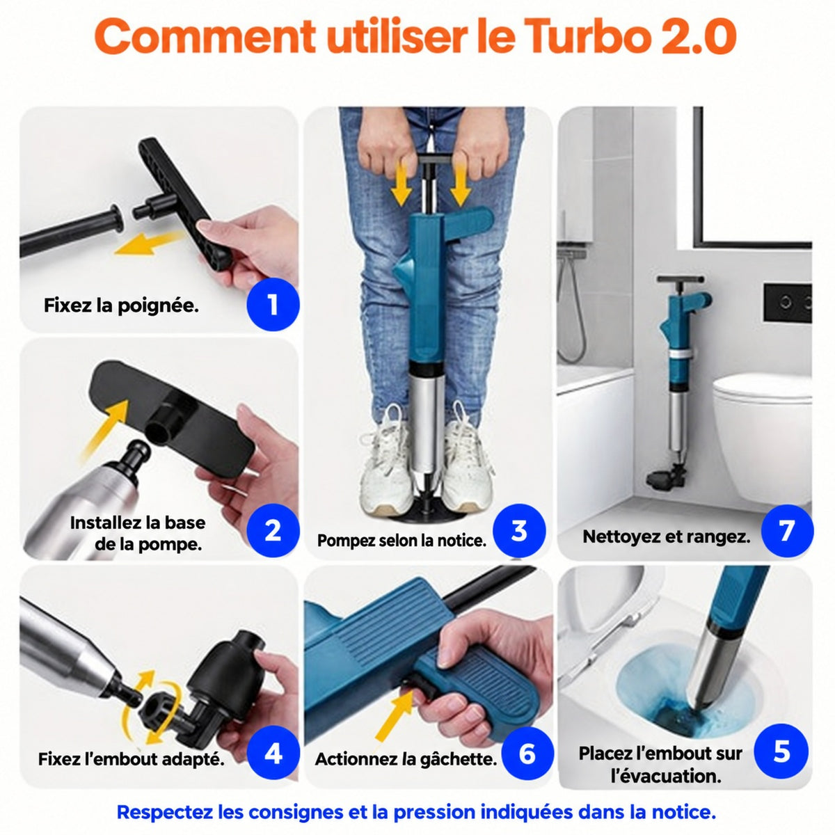 instructions d'utilisation du déboucheur à pression turbo 2.0 en plusieurs étapes claires