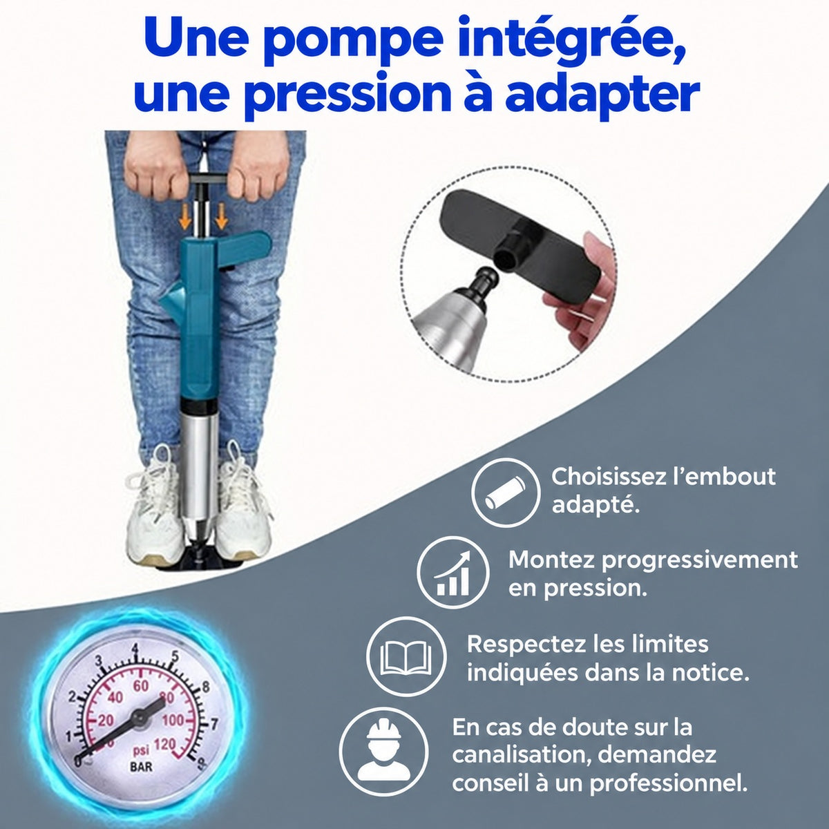 Déboucheur Turbo 2.0 avec pompe intégrée et consignes pour adapter la pression selon la notice.