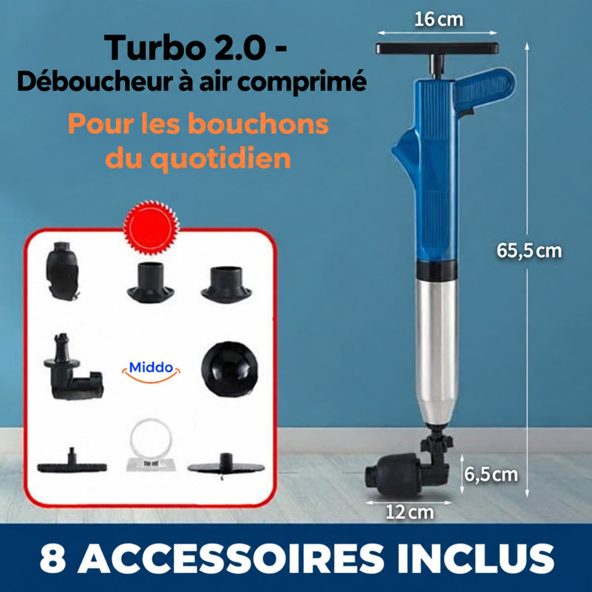 déboucheur turbo 2.0 en coloris bleu avec détails de la tête et du manche
