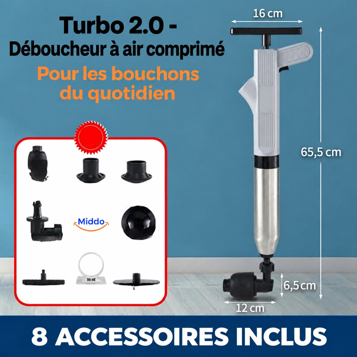 Déboucheur Turbo 2.0 gris avec pompe intégrée : hauteur 65,5 cm et largeur de la poignée 16 cm.