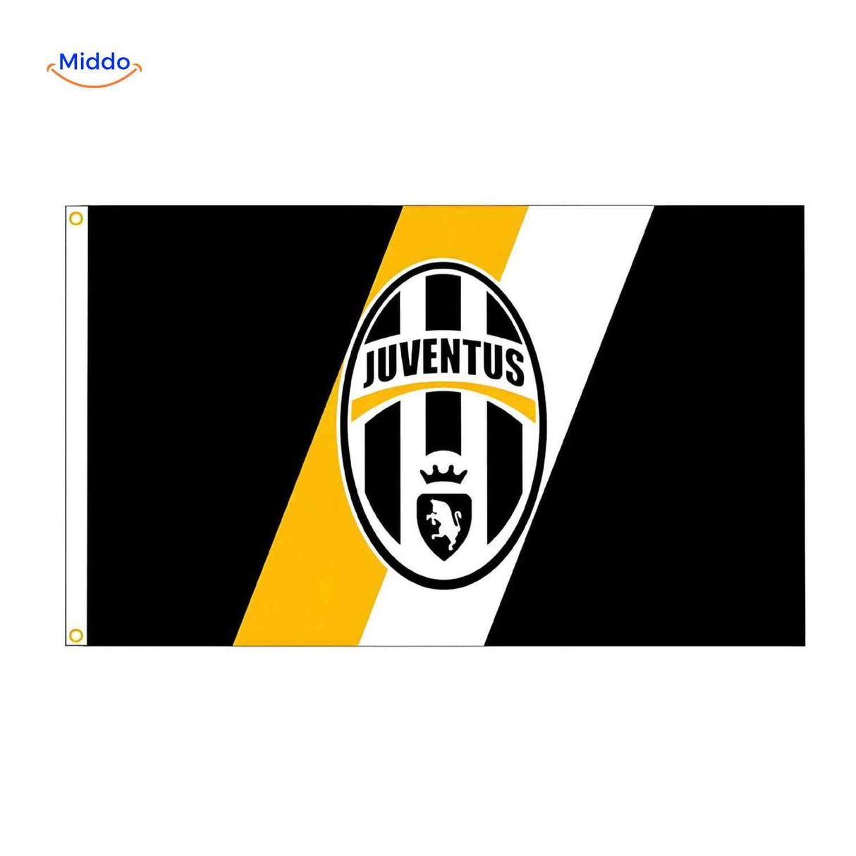 drapeau Juventus avec logo du club au design moderne, noir et blanc pour vrais fans