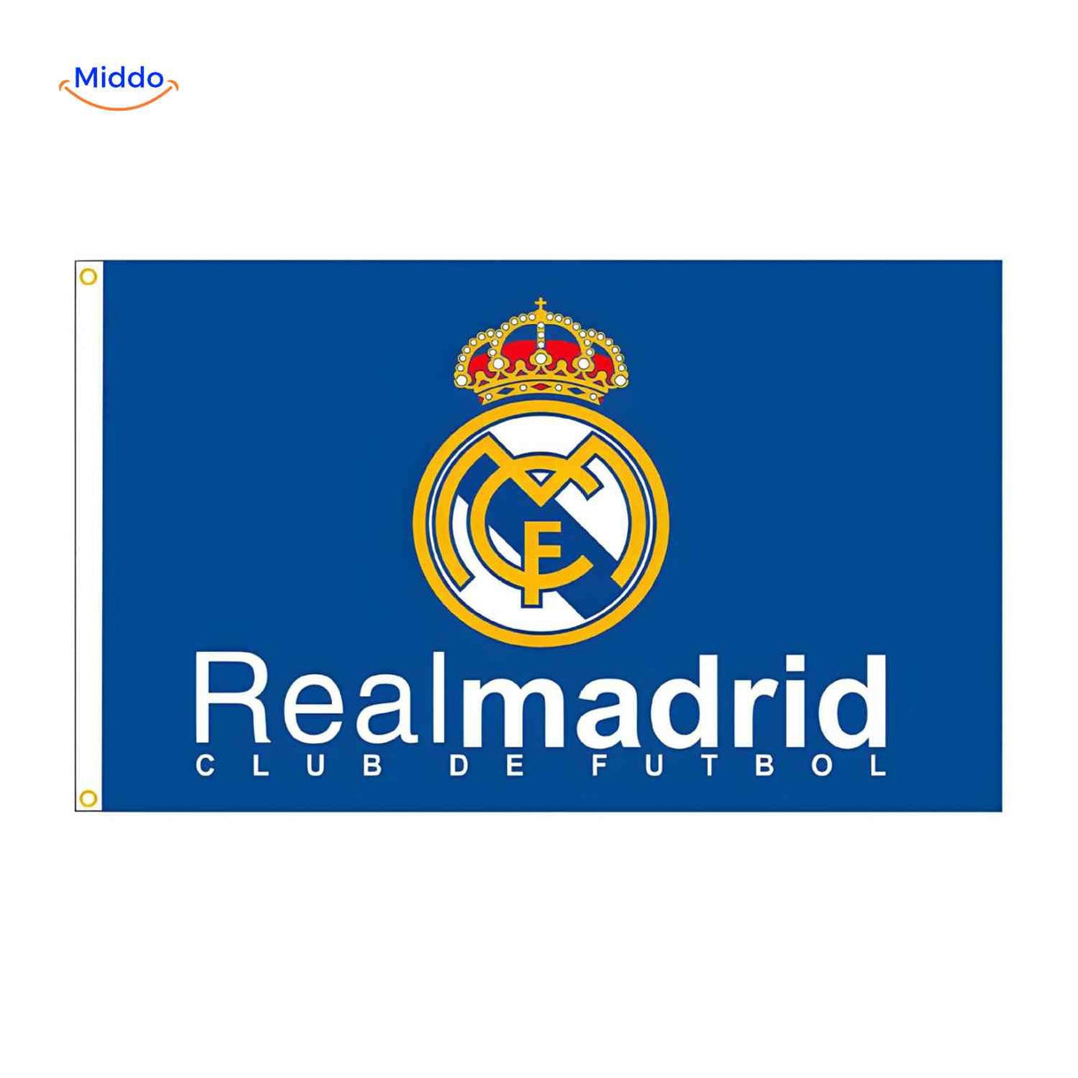 drapeau Real Madrid avec emblème en bleu, résistant et vibrant pour afficher votre soutien