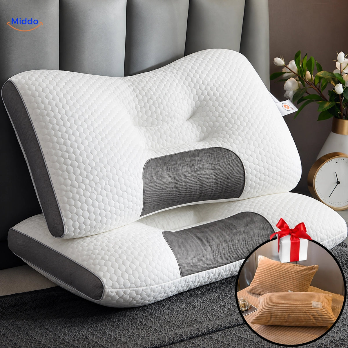 Oreiller DreamGuard Pro nid d’abeille avec 2 taies offertes – Beige