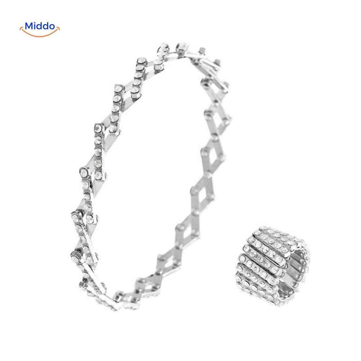 duo argenté strass transparents : bague réglable portée en doigt et en bracelet côte à côte