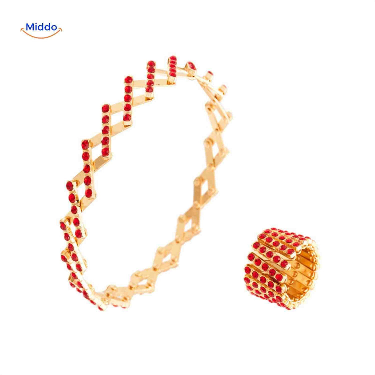 duo doré strass rouges : bague réglable morphix transformable en bracelet, deux ports montrés