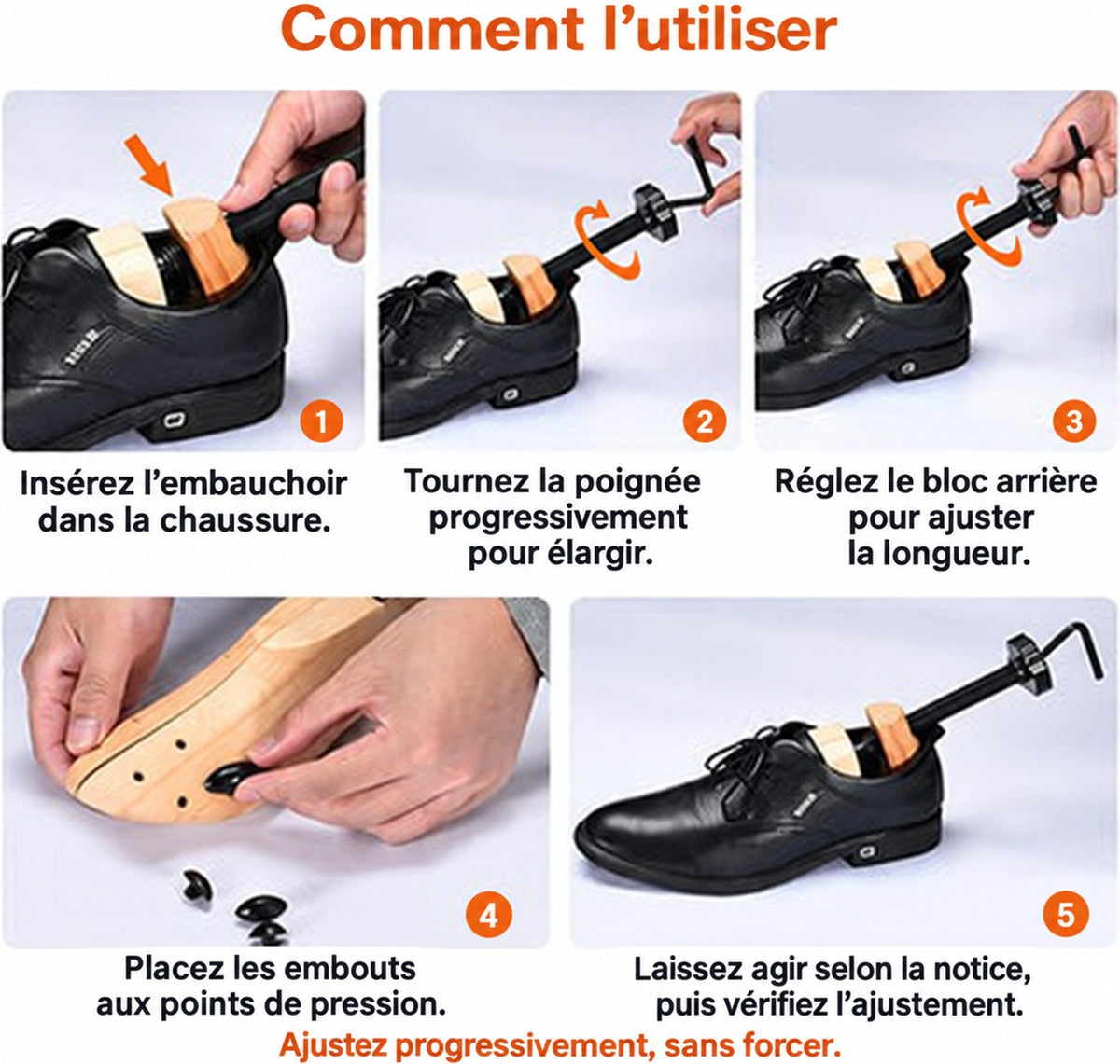 Guide en français pour régler progressivement la largeur et la longueur des chaussures avec ShoeStretcher Pro.