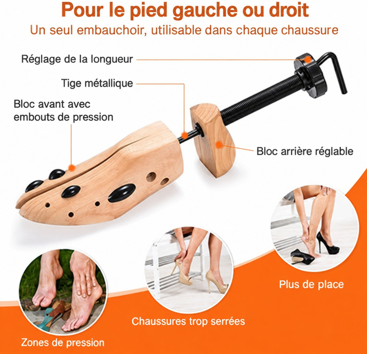 Embauchoir ShoeStretcher Pro utilisable dans la chaussure gauche ou droite, avec réglages et embouts de pression.