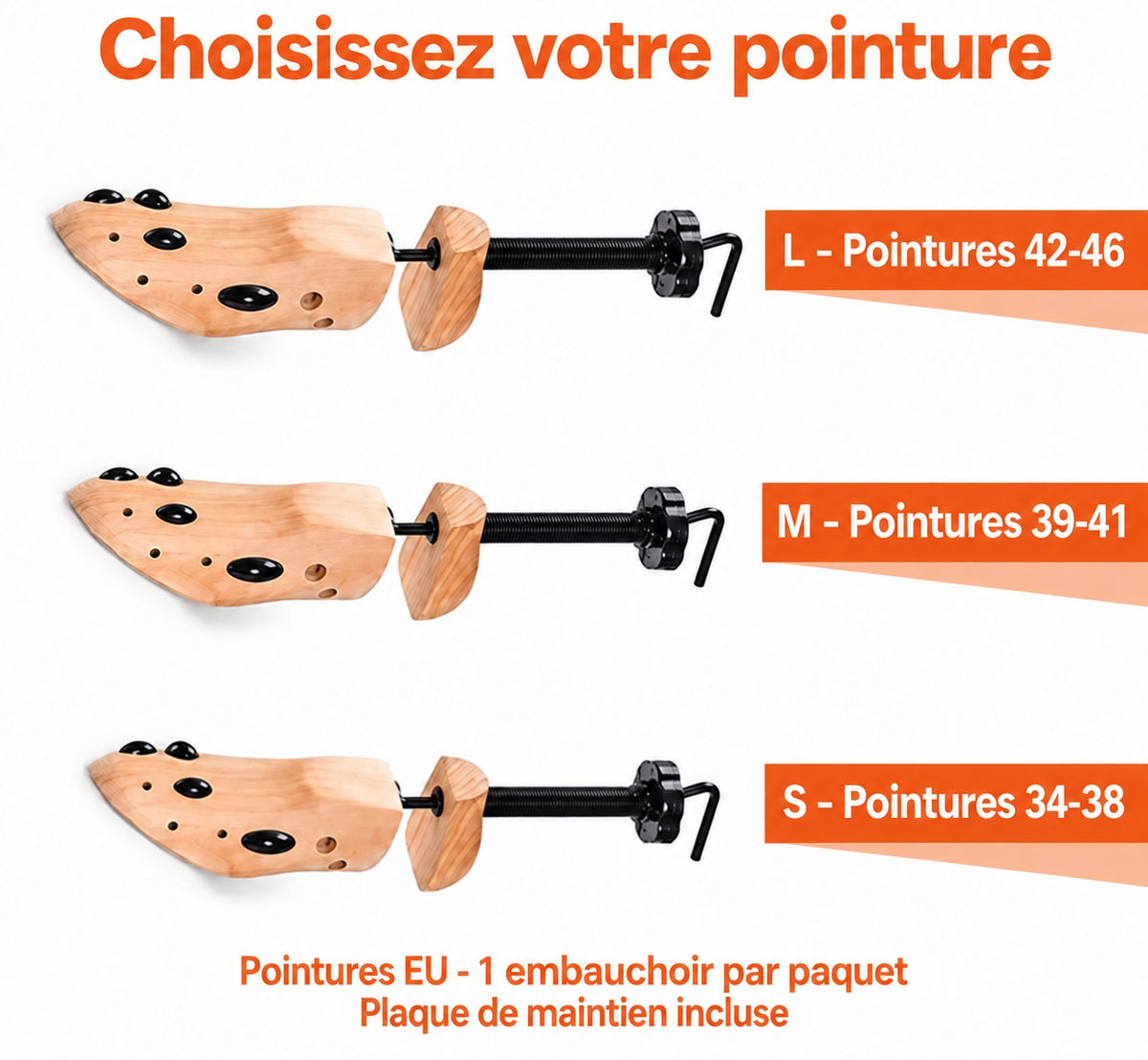 Pointures EU ShoeStretcher Pro : S 34-38, M 39-41 et L 42-46 ; un embauchoir par paquet avec plaque de maintien.