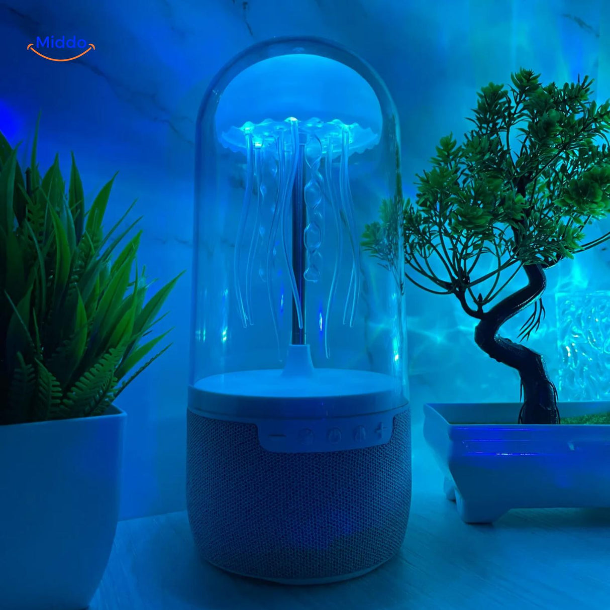 enceinte bluetooth jellyglow theme meduse avec lumiere bleue apaisante et plantes decoratives