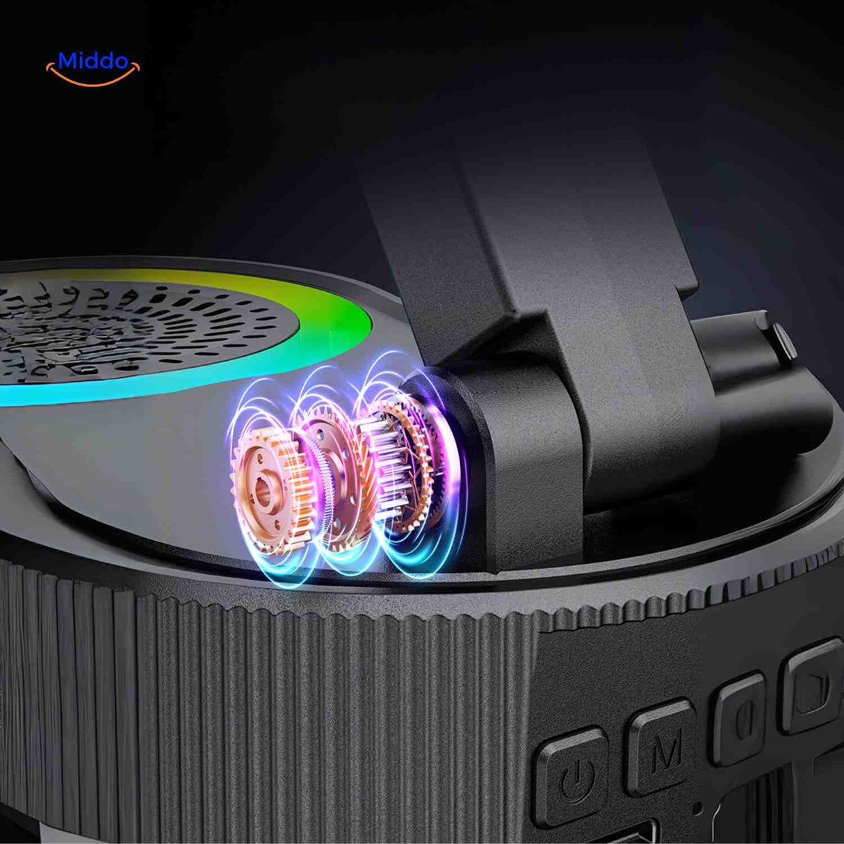 enceinte support induction avec téléphone et éclairage arc-en-ciel ambiant
