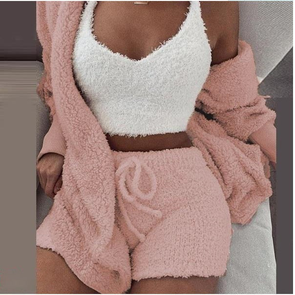 ensemble confort 3 pièces coloris rose : top, short et veste coordonnés