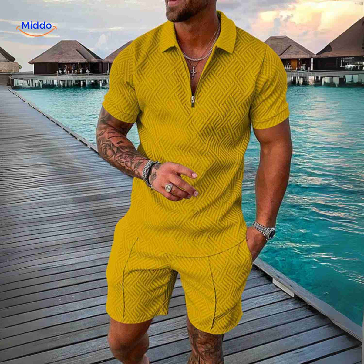 ensemble homme jaune tricoté avec fermeture éclair, set 2 pièces respirant pour l'été