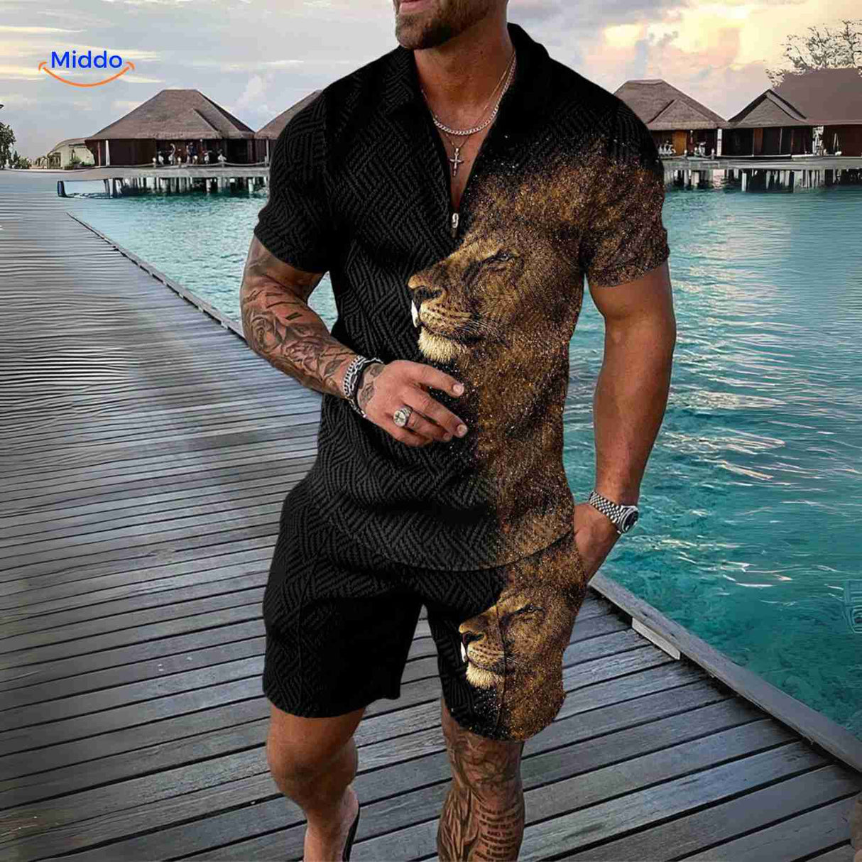 ensemble homme noir avec imprimé lion, tenue 2 pièces puissante et stylée pour l'été