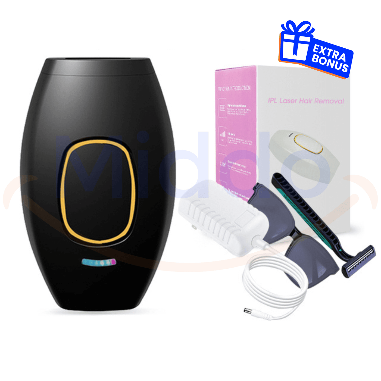 épilateur IPL noir avec accessoires et boîte, contenu complet du kit